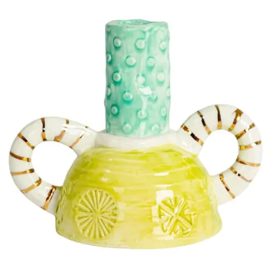Hello Honey&reg; 5" Tall Multicolor Stoneware Taper Candle Holder with Dual Handles {6}
