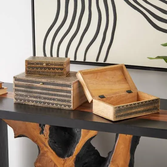 Brown Handmade Storage Box Set with Black Tribal Carvings & Gold Accents {3}