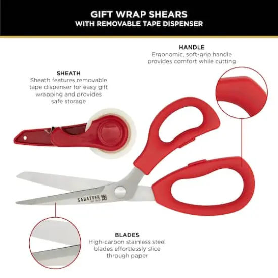 Sabatier 2-in-1 All-Purpose Gift Wrap Scissors with Removable Tape Dispenser Blade Cover Red {5}