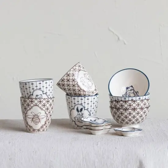 Hello Honey&reg; 4.25" Painted Fauna Stoneware Dish Set {3}