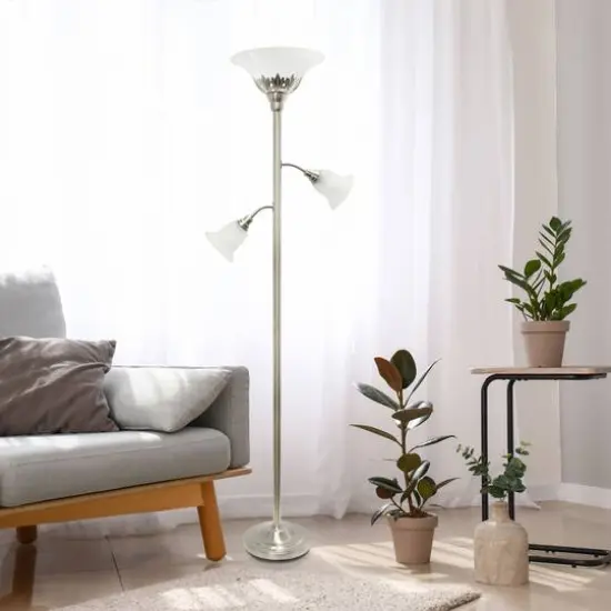 Lalia Home Torchiere Floor Lamp with 2 Reading Lights Brushed Nickel/White Shades {5}