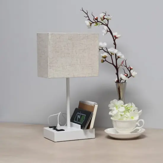 Simple Designs 15.3" Table Lamp with 2 USB Ports & Charging Outlet White Base/Beige Shade {6}