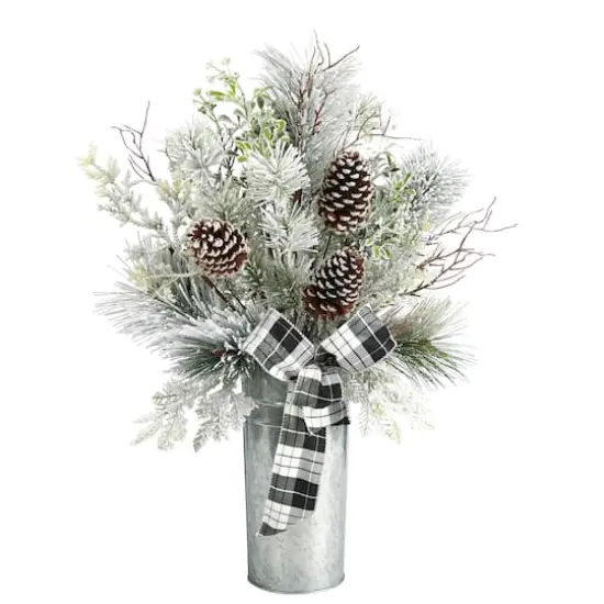 2.5ft. Frosted Greenery & Pinecone with Plaid Bow in Decorative Tin Artificial Christmas Arrangement {1}