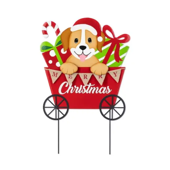 Glitzhome&reg; 24" Metal Christmas Dog and Gift Cart Yard Stake {1}