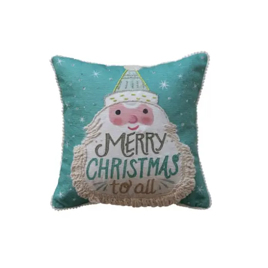 Hello Honey® 12" x 12" Square Merry Christmas to All Cotton Blend Printed Pillow with Embroidered Santa, Fringe & Pom Pom Trim {1}
