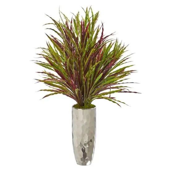 3ft. Red & Green Grass Arrangement in Silver Planter {1}