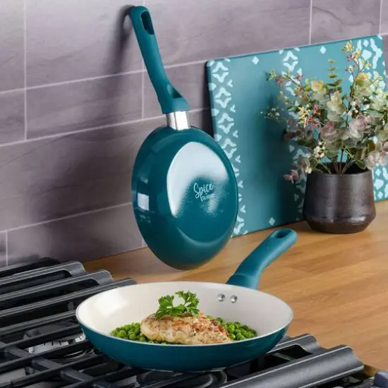 Spice by Tia Mowry Savory Saffron 2 Piece Ceramic Nonstick Aluminum Frying Pan Set Teal {6}