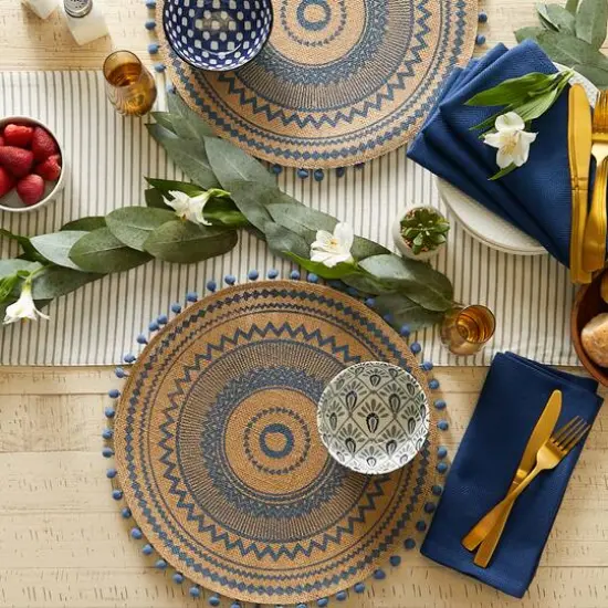 French Blue Aztec Print On Natural Round Jute Placemat (Set of 6) {6}