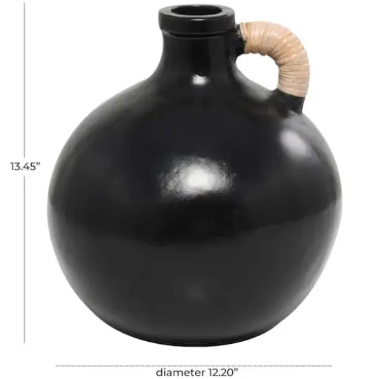 13" Black Ceramic Jug Inspired Vase with Rattan Wrapped Handle {5}