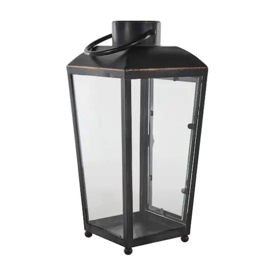 16" Black Metal Modern Candle Lantern with Gold Accents {5}