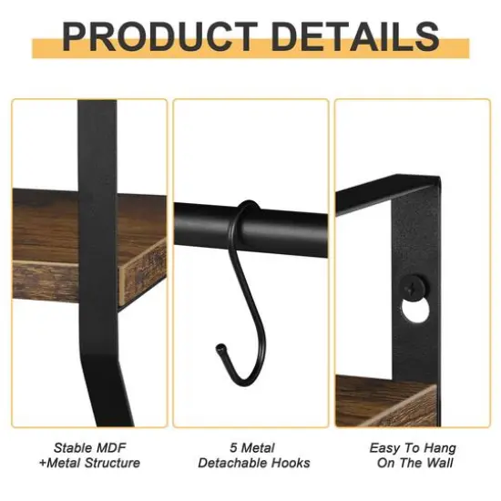 2-Layer Wall Mounted Rustic Shelves with Iron Towel Bar Brown {5}