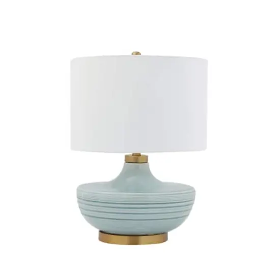 Hello Honey&reg; Striped Aqua Ceramic Table Lamp with White Linen Shade {1}
