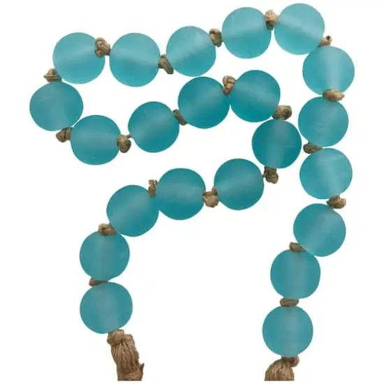 45" Handmade Round Frosted Glass Bead Garland with Tassels & Knotted Jute Light Teal {4}