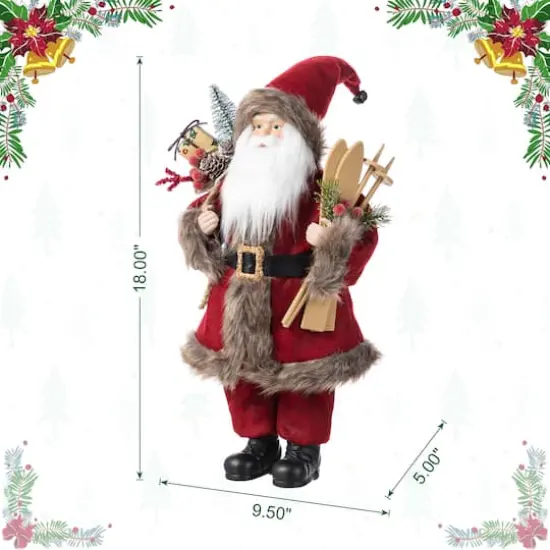 Glitzhome® 18"H Faux Fur Christmas Red Woodland Santa Figurine with Porcelain Face {9}