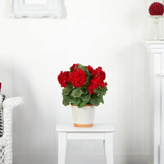 17" Red Geranium In White Decorative Pot {4}