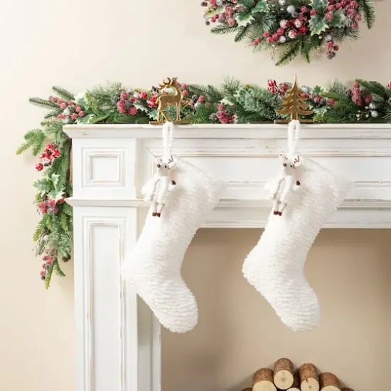 Glitzhome&reg; 21"L White Plush Christmas Stocking with Reindeer Ornament {3}