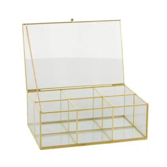 10" x 7" x 4" Clear & Gold 6-Slot Glass & Metal Jewelry Box with Chain Accent {6}