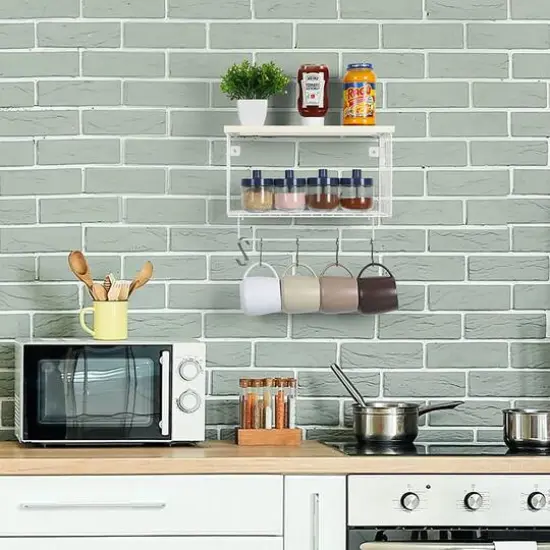 Wood & Metal Wall Mounted Bathroom Towel Rack with 6 Hooks White {7}