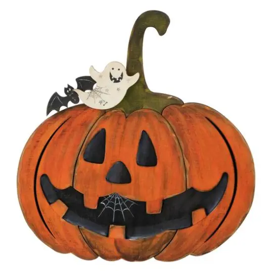 13" Jack-O-Lantern with Ghost & Bat Halloween Decoration {1}