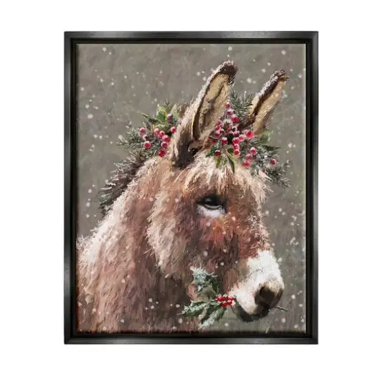 Stupell Industries Winter Donkey Snow Falling Framed Floater Canvas Wall Art Black {1}
