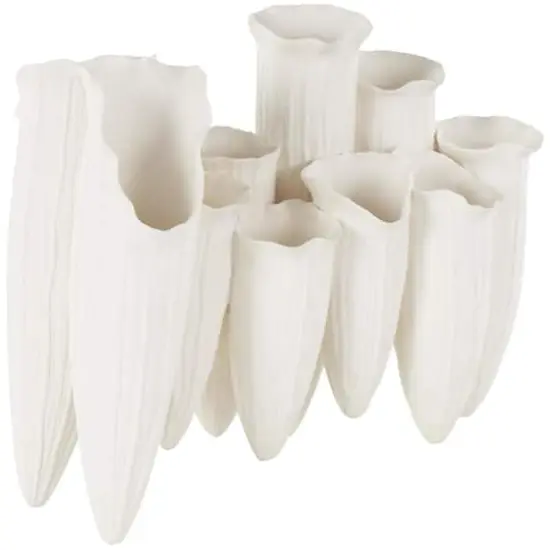 14" White Ceramic Abstract Floral Inspired Decorative Vase with Linear Grooves & 10 Openings {1}