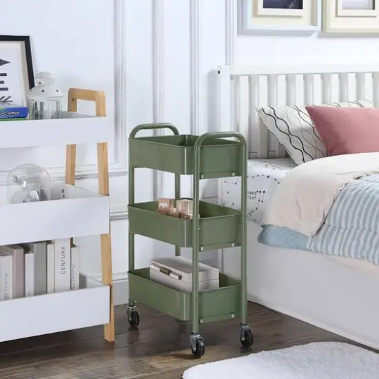 SunnyPoint Compact 3-Tier Metal Rolling Cart Army Green {3}