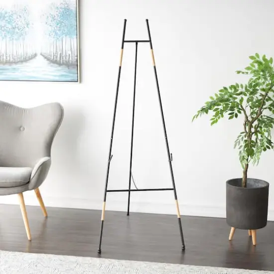 64" Black Metal Slim Foldable 2-Tier Easel with Wrapped Rattan Accents {4}