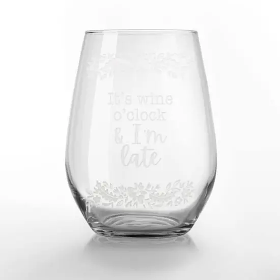 15oz. I'm Late for Wine O'Clock Engraved Stemless Wine Glass {1}