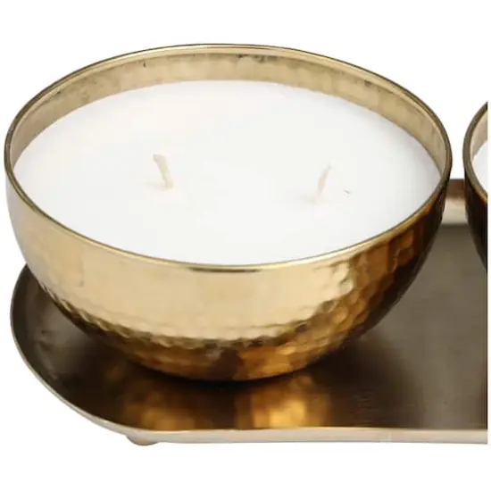 White Wax Egyptian Mint Scented Candle Set with Gold Hammered Containers and Oval Holding Tray {5}