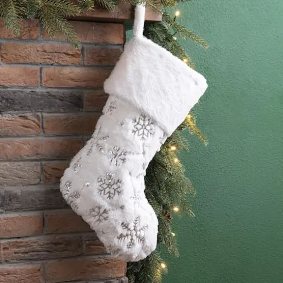 Glitzhome&reg; 21" White Plush with Snowflake Christmas Stocking {3}