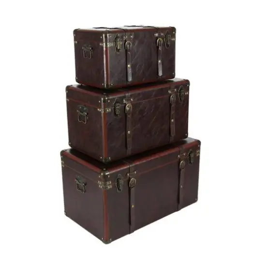 Set of 3" Brown Leather Traditional Trunk, 19", 24", 27" {1}