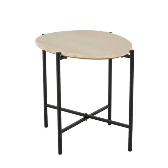 19.75" Beige Marble Accent Table with Black Metal Support {14}