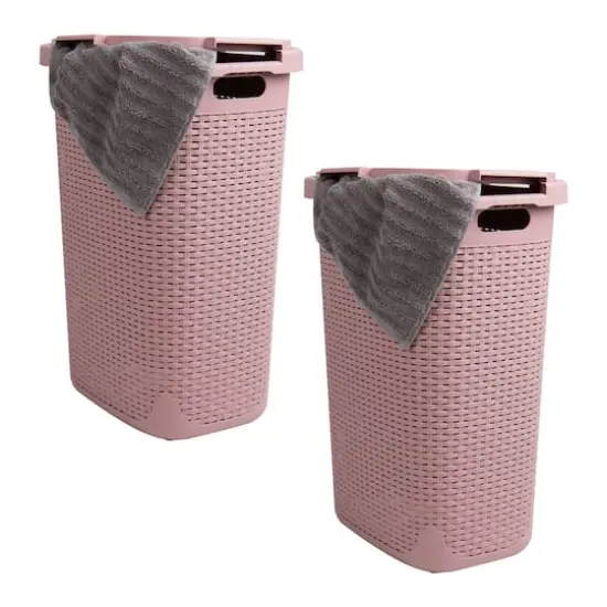 Mind Reader 60L Ventilated Slim Laundry Hamper with Cut Out Handles & Attached Hinged Lid, 2ct. Pink {1}