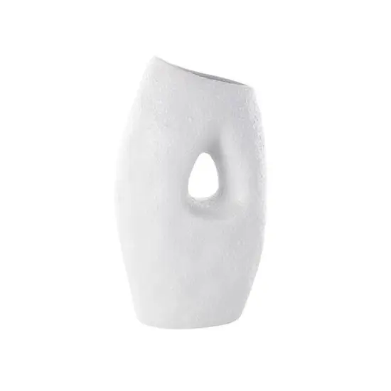 15" White Ceramic Abstract Textured Vase with Cutout Center {9}