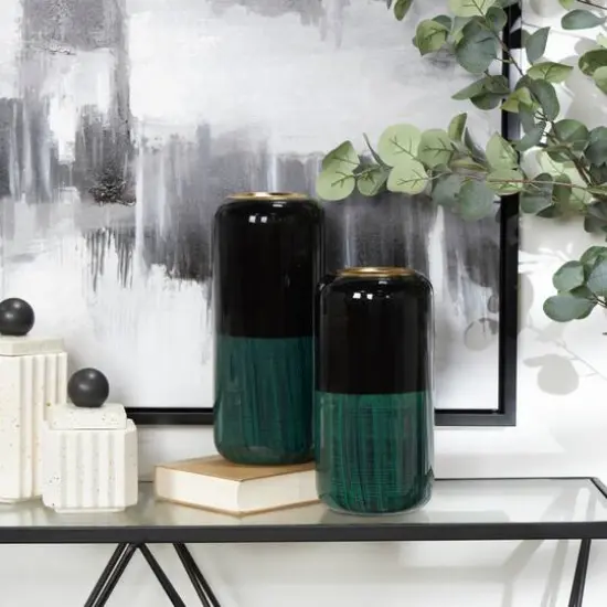 Metal Colorblock Abstract Vase with Paint Streak Designs and Gold Accents Set Green {8}