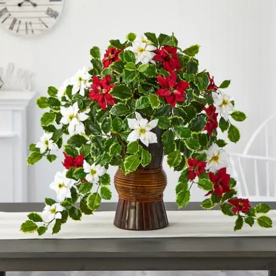 22.5&rdquo; Poinsettia & Holly Artificial Plant in Decorative Planter {4}