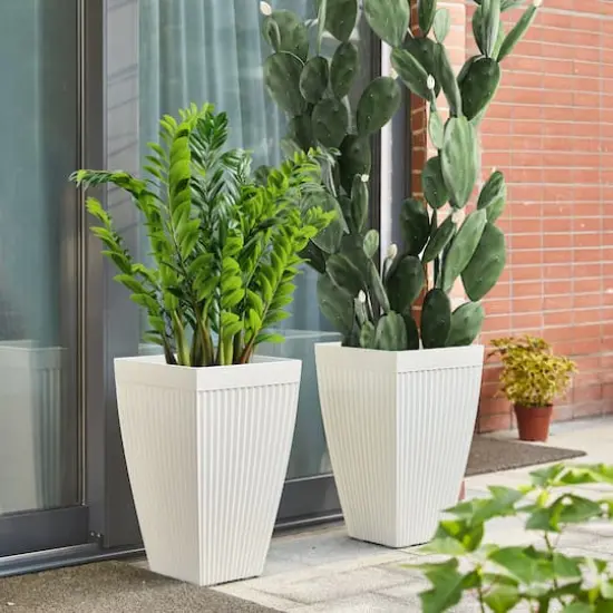 Glitzhome® 23" Eco-Friendly Oversized Faux Concrete Square Fluted Pot Planters, 2ct. White {3}
