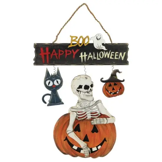 15" Skeleton with Jack-O-Lanterns & Black Cat Happy Halloween Hanging Sign {1}