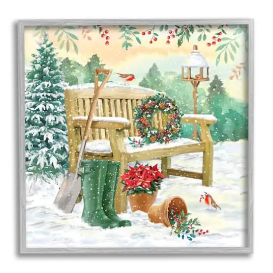 Stupell Industries Snowy Bench Seasonal Holly Plants Framed Giclee Art Gray {1}