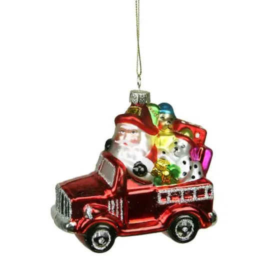 4" Red Fire Truck With Santa & Presents Glass Christmas Ornament {1}