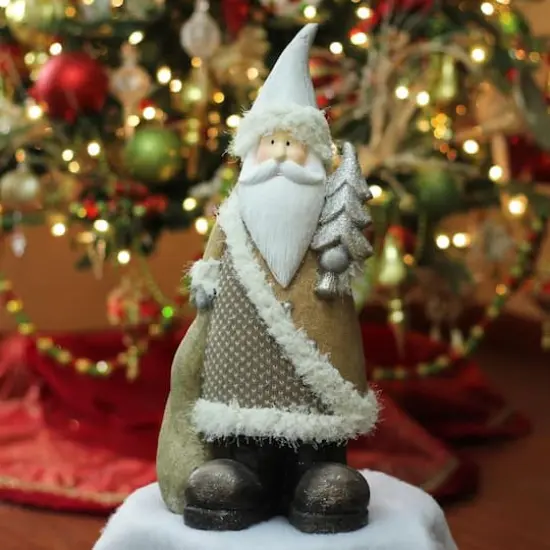 18.5" Brown & White Santa Holding Christmas Tree Tabletop Figurine {3}