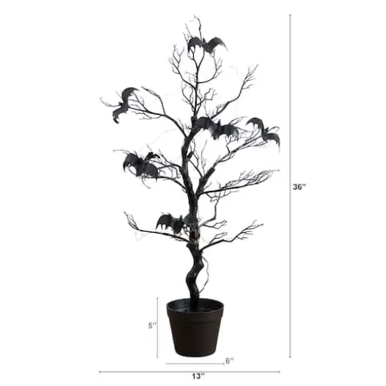 3ft. Pre-Lit Artificial Halloween Black Spooky Twig Tree with Bats and 100 Orange & Purple LED Lights {3}