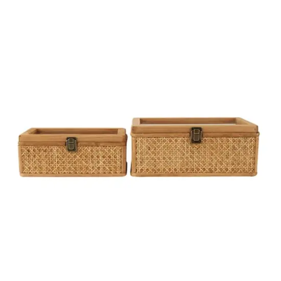 Brown Handmade Woven Rattan Box with Glass Top Set {1}