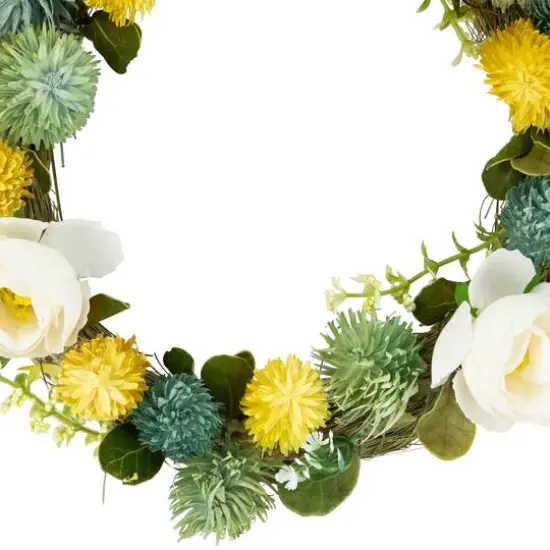 9" Cream Rose, Green & Yellow Thistle Hanging Spring Wreath {4}