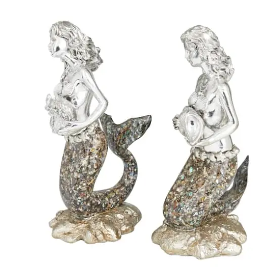 Set of 2 Silver Polystone Coastal Sculptures, 11" x 4" x 6" {3}