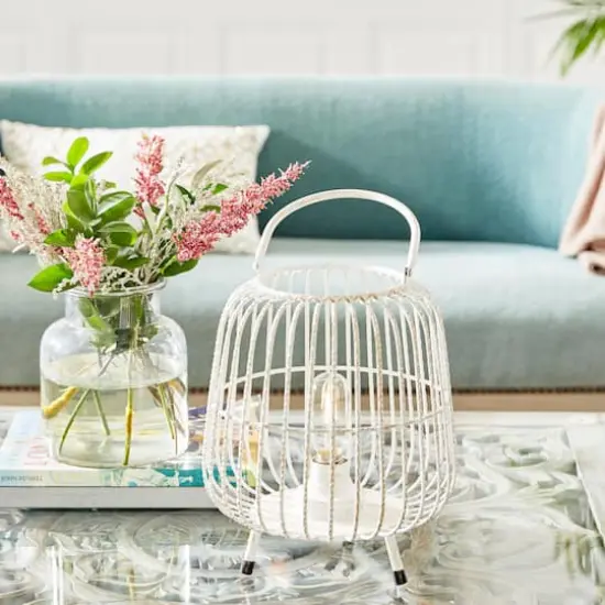 White Iron Modern Candle Holder Lantern, 12" x 10" x 10" {7}