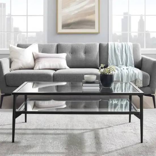 42" Black Two Tier Glass and Metal Coffee Table {5}