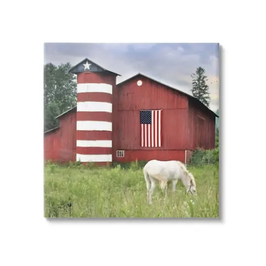 Stupell Industries Grazing White Horse Red Americana Barn Flag Canvas Wall Art {1}