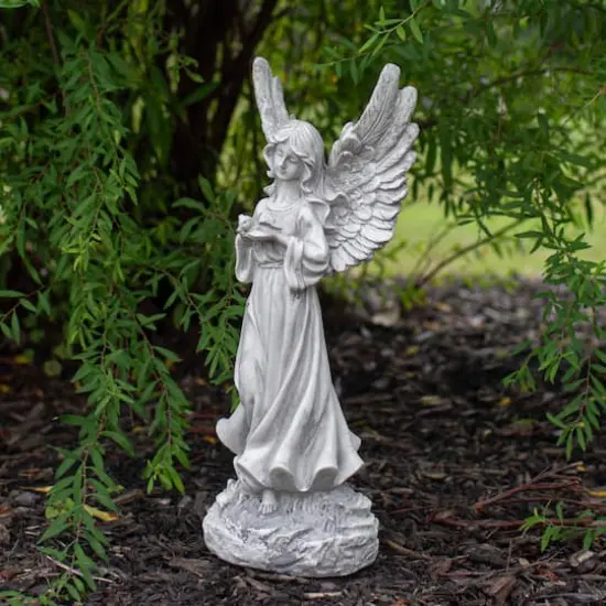 13" Weathered Gray Serene Angel with Dove Outdoor Garden Statue {3}