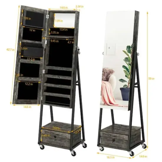 NEX&trade; 5ft. Dark Gray Jewelry Armoire on Casters with Chest Drawer {3}